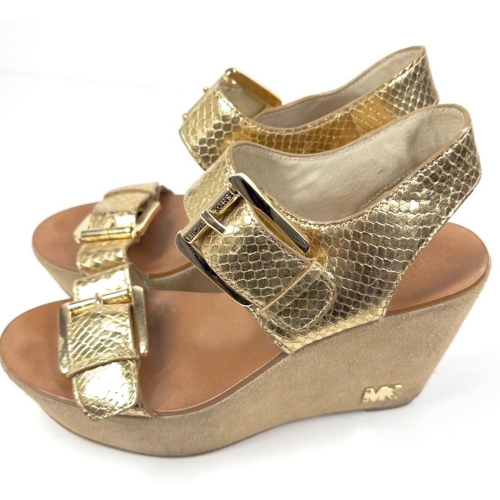 Gold Metallic Micheal Kors Wedge Sandals with Snakeskin Texture